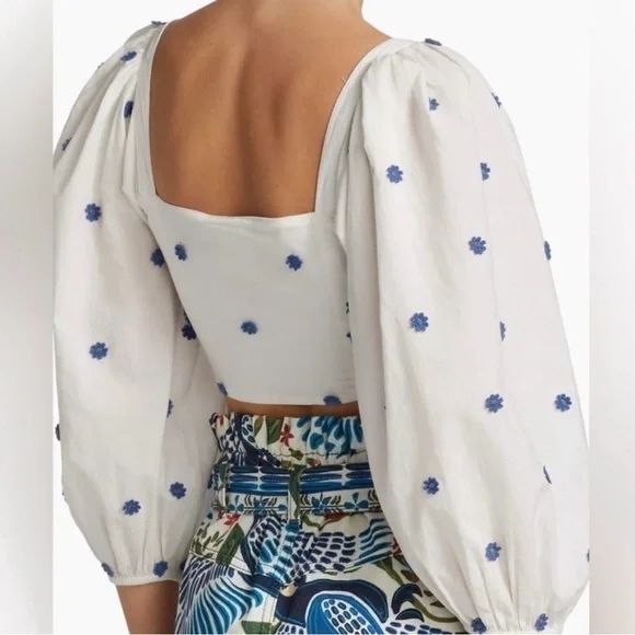 FARM Rio White and Blue Puff Sleeve Crop Top - Picture 2 of 9